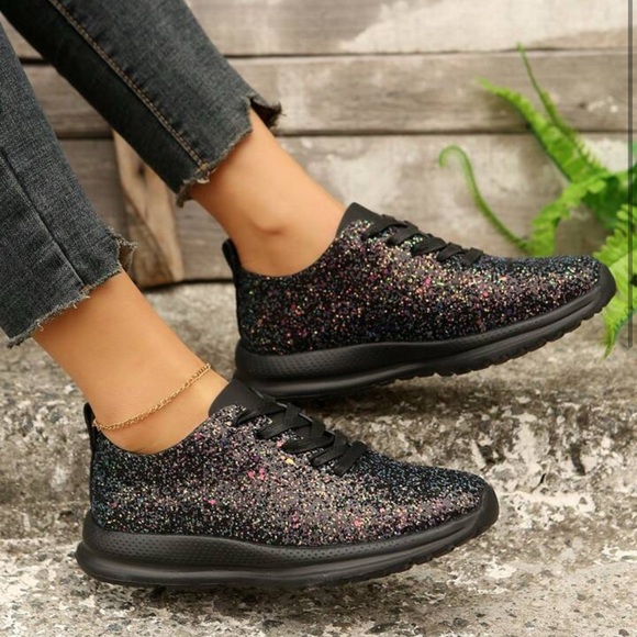Women 10.5 Glitter Casual Sports Shoes Street Style Sneakers Sparkly Black - Picture 10 of 12